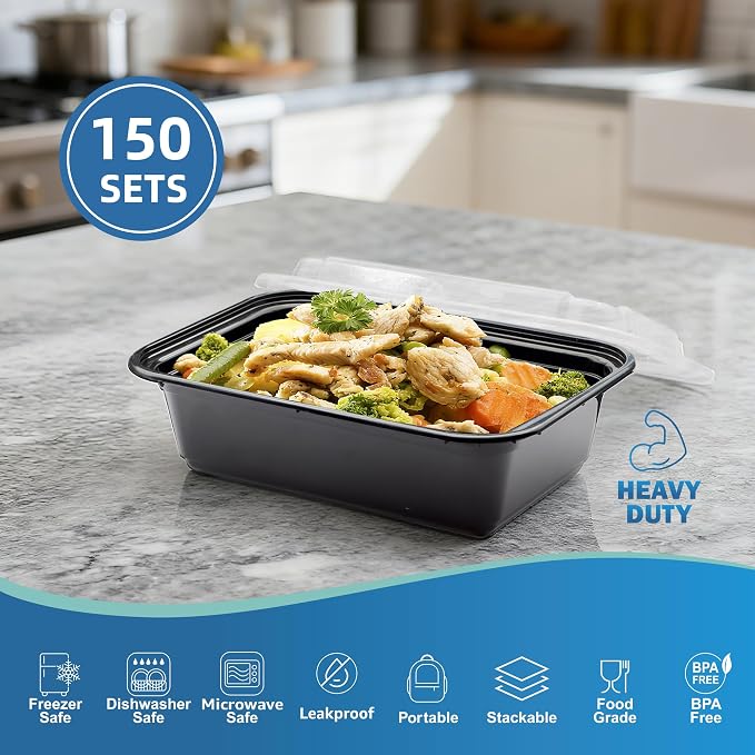 24oz Food Storage Containers with Lids, 150 Sets Disposable Meal Prep Boxes | Single Serving Meal Prep Boxes,Leak-Proof, Microwave Freezer Safe,Black To-Go Containers For Lunch Portion Control & Catering - Image 3