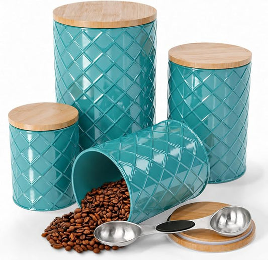 Pebble & Stem® Coastal Teal Metal Canister Set for the Kitchen with Measuring Spoon, Food Canister Set of 4, Airtight Lids, Sugar, Flour Containers, Coffee, Tea Storage, Farmhouse Decor by Pebble+%26+Stem