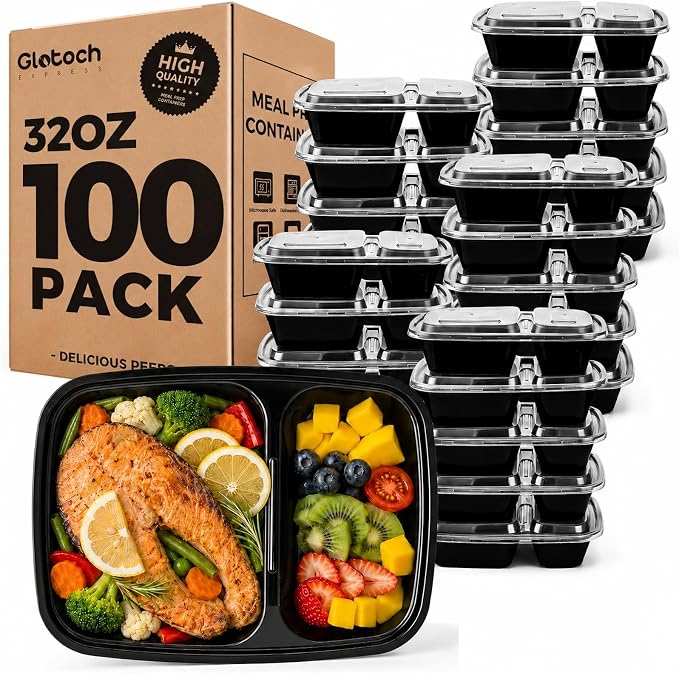 Glotoch 100 Pack(200-Piece)32oz 2-Compartment Meal Prep Containers with Lid | Food Storage Containers with Lids,Microwave Freezer Dishwasher Safe,Sturdy Leakproof&BPA Free Bento Box for To Go Take Out - Image 9