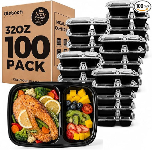 Glotoch 100 Pack(200-Piece)32oz 2-Compartment Meal Prep Containers with Lid | Food Storage Containers with Lids,Microwave Freezer Dishwasher Safe,Sturdy Leakproof&BPA Free Bento Box for To Go Take Out by GlotochExpress