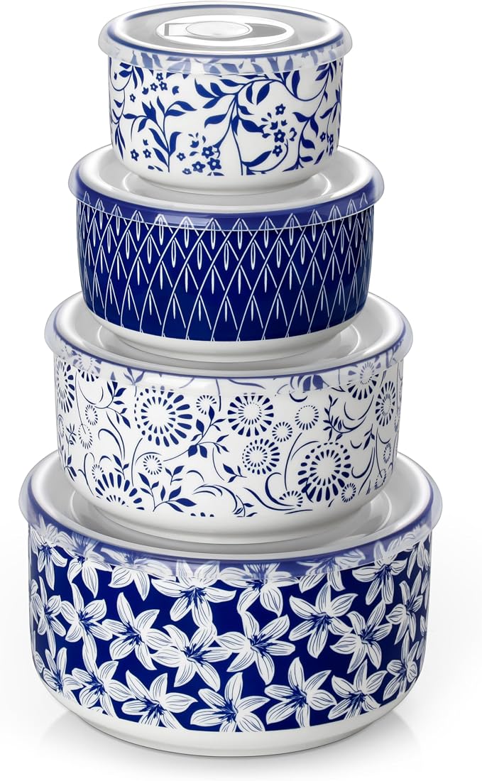 vancasso Serving Platters Set of 3, 16"/14"/12" Inch Rectangular Trays + Ceramic Mixing Bowls with Lids Set of 4,Ceramic Serving Bowls,Nesting Bowls for Food Storage - Image 2