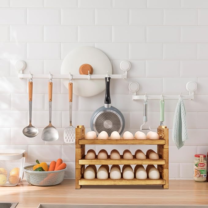 Wooden Egg Holder Countertop Fresh Egg Holders Firewood Egg Collecting Rack for Gathering Fresh eggs, Stackable with 54 eggs, Home Kitchen Organizer, Set of 3 PCS - Image 6