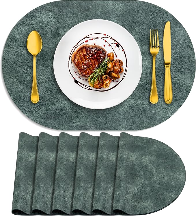 ADRIMER Placemats, Heat Resistant Oval Placemats Set of 6 Washable 12 x 17 Inch, Waterproof Table Mats, Wipeable Pu Place Mats for Kitchen, Dining Room, Blue & Green by Adrimersdreamistobeanindispensablecompanioninyourlife