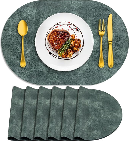 ADRIMER Placemats, Heat Resistant Oval Placemats Set of 6 Washable 12 x 17 Inch, Waterproof Table Mats, Wipeable Pu Place Mats for Kitchen, Dining Room, Blue & Green by Adrimersdreamistobeanindispensablecompanioninyourlife