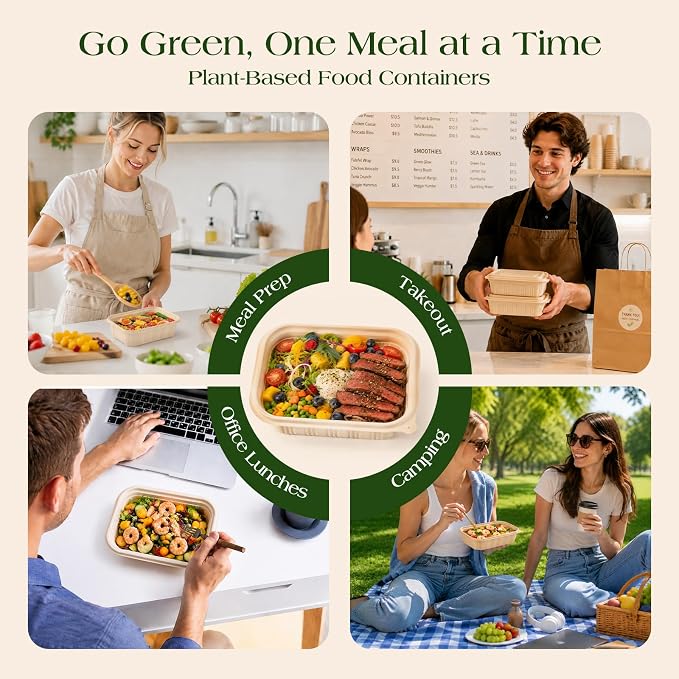 50 Pack (100 Piece) Food Containers with Lids, 22oz Meal Prep Containers Reusable Plant-based Cornstarch Lunch Box BPA Free Small Disposable Take Out Togo Boxes for Salad Microwave & Freezer Safe - Image 4
