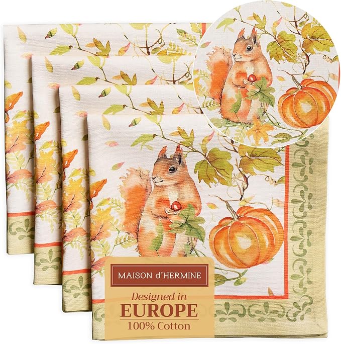 Maison d' Hermine Cloth Napkins Set of 4 Reusable 100% Cotton (20" x 20") | Everyday Square Napkins Cloth Washable Dinner Wedding Restaurant Hotel Kitchen Thanksgiving Christmas - Pumpkin Passion by MaisondHermine