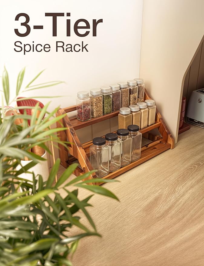 Tinamo Acacia Wood Spice Rack for Countertop - Wooden Tray Holds 24 Jars Spice Racks Organizer for Storage Shelf - 3 Tiered Spice Rack Organizer for Cabinet - Spice Shelf for Kitchen Pantry (Acacia) | Acacia Wood, 3-tier Spacious Design for 24 Spice Ja... - Image 4