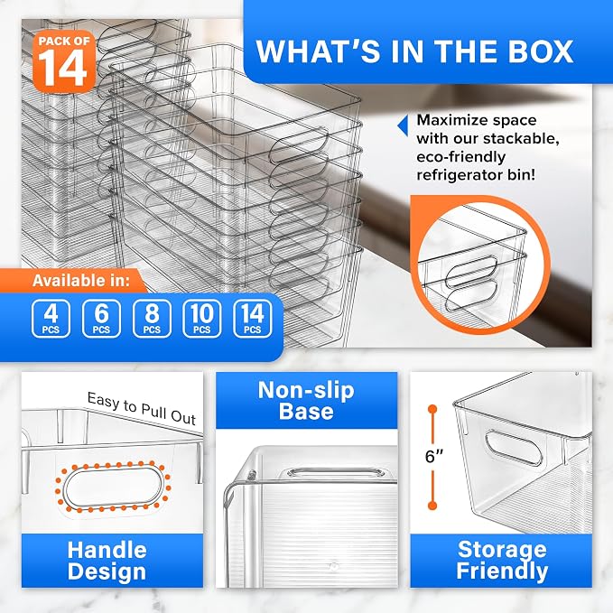 Lifemaster Stackable Refrigerator Bins - Set of 14 Large Capacity Organizers with Easy Grip Handles - Clear and Versatile for Kitchen Storage - Image 3