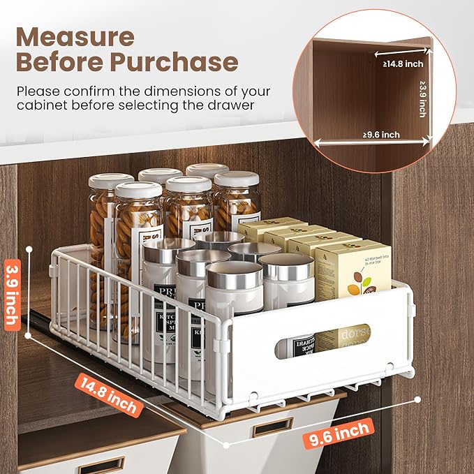 2 Pack Pull Out Cabinet Organizer, Heavy Duty Slide Out Drawer with No Drill Adhesive or Screw Mount, Carbon Steel Roll Out Shelf for Kitchen Cabinet, Pantry & Bathroom Storage - Image 2