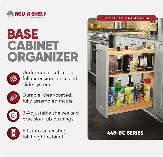 Rev-A-Shelf Maple Pullout Organizer w/Blum Soft-Close for Base Cabinets, Full Extension Slides & Adjustable Shelves Rack, Min Opening Width of 5.5", 448-BCSC-5C - Image 6