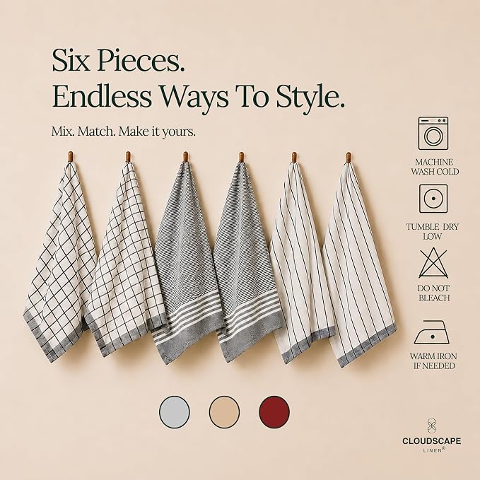 CSL Premium Cotton Kitchen Towels Set of 6,Absorbent,Quick Dry,18x28, Grey - Image 4