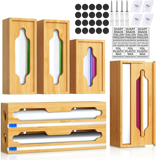 6 In 1 Bag Storage Organizer With Foil and Plastic Wrap Dispenser | Extended Aluminum Foil Holder, Bamboo Baggie Drawer for Gallon, Quart, Snack by YITOBA