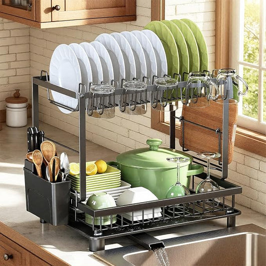 Dish Drying Rack, 2 Tier Space-Saving Dish Rack, Multifunctional Dish Drainer for Kitchen Counter with Drainboard/Utensil/Cup Holder Rustproof Carbon Steel, Black by Nfnoyp
