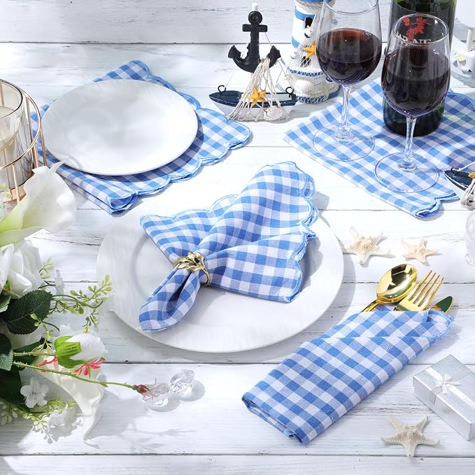SmoothNovelty 12 Pack Buffalo Plaid Cloth Napkins 18x18 Inch Checkered Cloth Napkins Scalloped Soft Cotton Table Mat Washable Reusable for Dinner Wedding Holiday Birthday Parties (Classic,Sky Blue) - Image 4