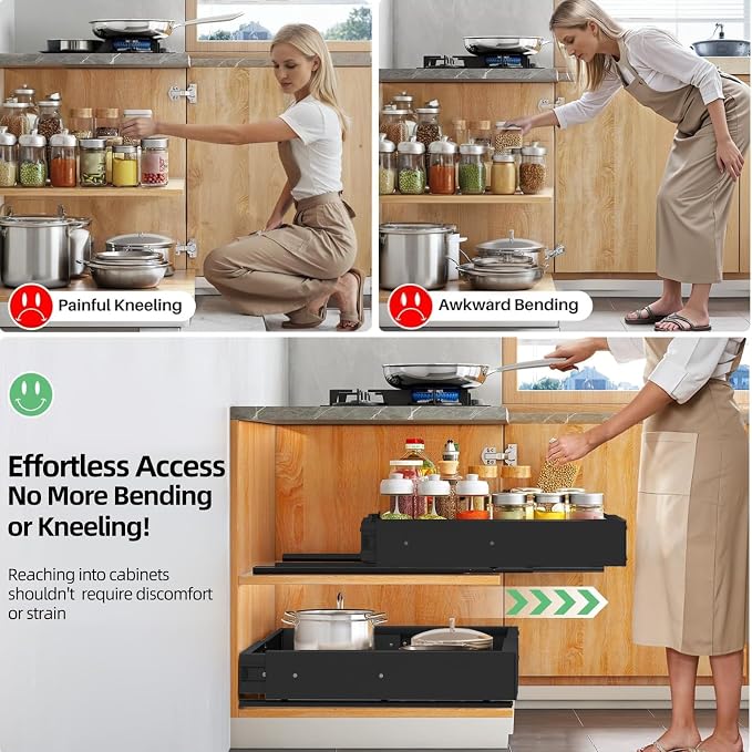 Expandable Pull Out Cabinet Organizer, Adjustable Width 12"-19" & Depth 16.5"-22", 4-Side Extension, 5 Slide Rails for Heavy Duty Use, Adhesive Roll Out Shelves for Kitchen Cabinets, Black 1PCS - Image 7