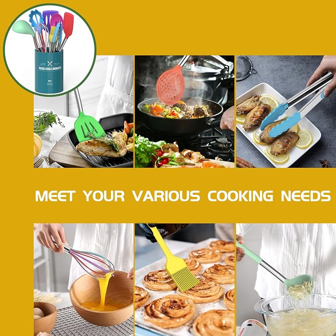 Umite Chef Kitchen Utensils Set, 15 pcs Silicone Cooking Kitchen Utensils Set, Non-stick Silicone Stainless Steel Handle Turner Spatula Spoon Tongs Whisk Cookware - Colorful - Image 4