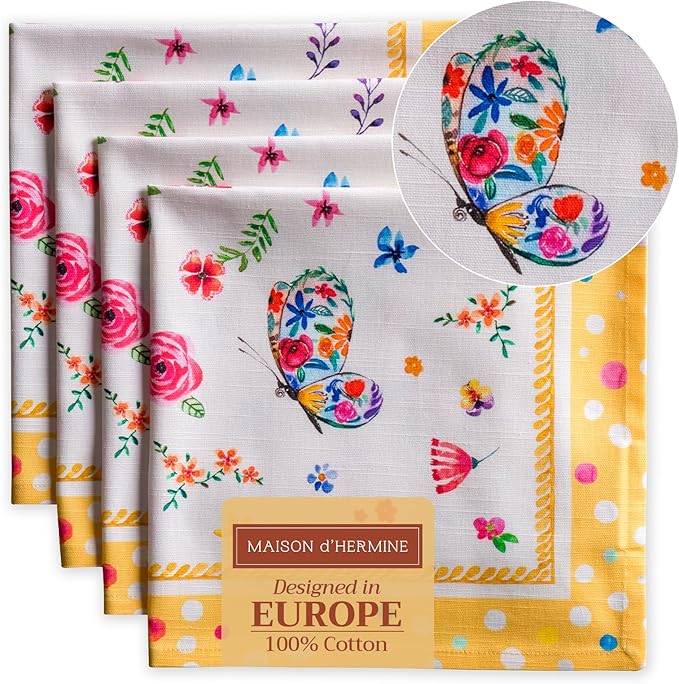 Maison d' Hermine Cloth Napkins Set of 4 Reusable 100% Cotton (20" x 20") | Everyday Square Napkins Cloth Washable Dinner Party Wedding Restaurant Hotel Kitchen Spring Summer - Happy Florals - Sweety by MaisondHermine