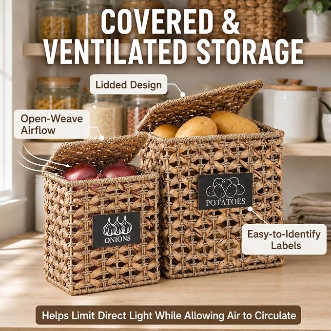 2 Pack Potato and Onion Storage Bin, Stackable Woven Basket with Lid, Vegetable Fruit Basket for Kitchen Counter, Produce Holder with Aerating Holes, Pantry Organizers and Storage, Metal - Image 4