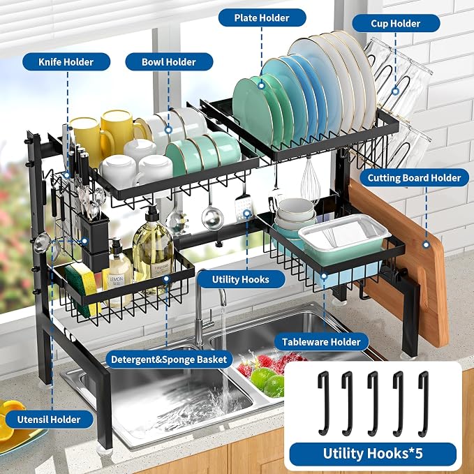 Over The Sink Dish Drying Rack,Expandable 2-Tier Stainless Steel Over The Sink Dish Rack with Utensil Holder Dish Drainers for Kitchen Counter | Stainless Steel, Cutlery Holder & Chopping Board Rack, for Kitchen Counter, Black - Image 2