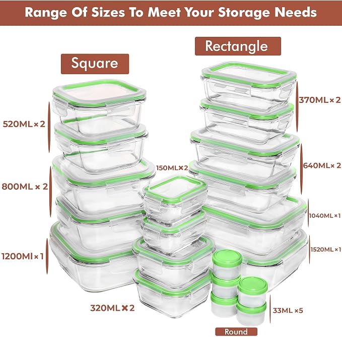 Razab 35 Pc Set Glass Food Storage Containers with Lids - Meal Prep Airtight Bento Boxes BPA-Free 100% Leak Proof (15 lids,15 glass & 5 Plastic Sauce/Dip Containers) - Image 2
