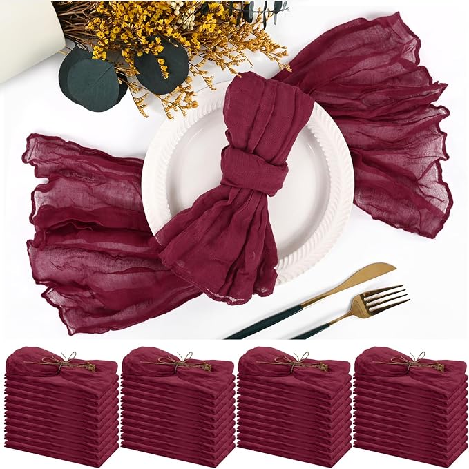 42 Packs Gauze Cheesecloth Napkins 20 x 20 Inch Burgundy Wrinkled Dinner Napkins Bulk, Rustic Boho Soft Cloth Napkin for Wedding Party Event Dinner Table Decoration by Teruntrue