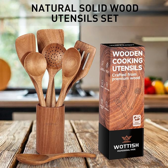 Wooden Spoons for Cooking - 8-Piece Wooden Kitchen Utensil Set made of Natural Solid Wood Material-Includes Spoons,Spatulas,Ladles,Mixing Spoon and Utensil Holder,Valentine's Day Gifts - Image 4