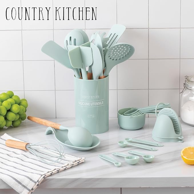 Country Kitchen Non Stick Silicone Utensil Set with Rounded Wood Handles for Cooking and Baking, 38 Piece Set, Mint - Image 5