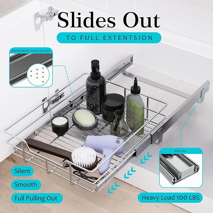 Pull Out Cabinet Organizer 20" W X 17" D, Slide Out Drawers For Kitchen Cabinets, Pull Out Drawers For Cabinets Capacity Heavy Duty Caddy, Cabinet Pull Out Shelves Chrome-Plated, Bathroom Pantry | For Kitchen Organizers and Storage, Pull Out Drawers Fo... - Image 3
