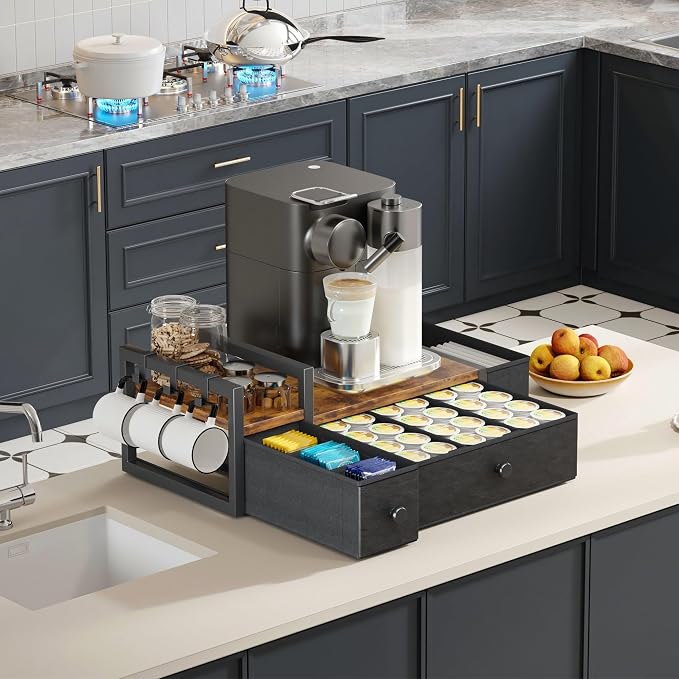 Homeiju Coffee Pod Drawers - K Cup Organizer, Nespresso Pods Holder with Mug Rack, Coffee Holder for Countertop, 52 Capacity Pods, Suitable for Kitchens, Offices and Coffee Bars(Brown) - Image 2