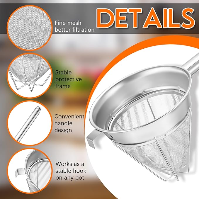SiliFine 8"Chinois Fine Mesh Strainer Set with Handle and Rubber Pestle | Stainless Steel Reinforced Bouillon Sieve Strainer China Cap Cone Sieve for Sauces, Soups, Broth, Stock, Kitchen Food Cooking - Image 3