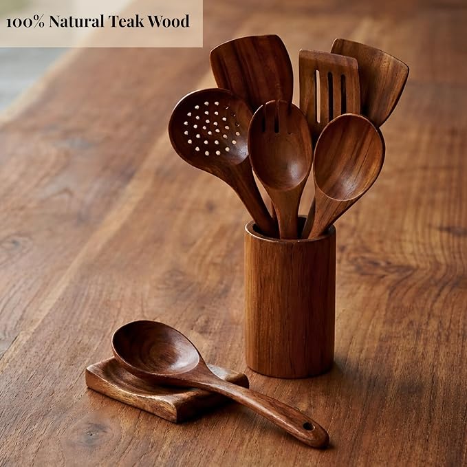 9 Piece Teak Wooden Spoons, Spatula & Ladle Set, Non-Stick Safe, Food Grade | Set of 7 Versatile Wood Spatula for Cooking & Serving, Includes Utensil Holder & Spoon Rest, Modern Kitchen Utensils & Tools - Image 6