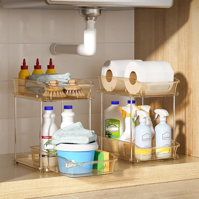 Delamu 2-Tier Under Sink Organizers and Storage, Multi-Purpose Stackable Bathroom Cabinet organizers, Pull Out Kitchen Pantry Organization and Storage with Dividers(4 Pack, Amber) - Image 9