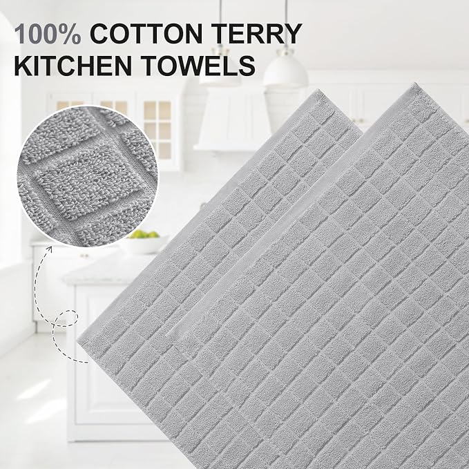 Homaxy Premium Ring Spun Cotton 390 GSM Kitchen Towels, 6 Pack, Light Grey | 16" x 28" Large Dish Towels, Super Absorbent Terry Hand Towels, Soft Tea Towels with Hanging Loops - Image 2