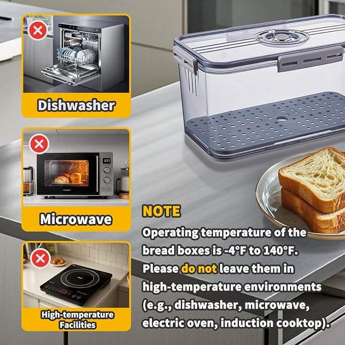 Airtight Bread Box for Kitchen Countertop, Gray, 2 PCS | Time Recording Dial, Multi-Use Food Storage, Container with Lid, Draining Tray, For Homemade Bread, Sourdough, Toast, Cookies - Image 5