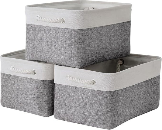 Storage Bins for Shelves - 13.8L×9.8W×6.7H inch 3 Pack Medium Collapsible Storage Baskets for Organizing | Fabric Storage Cubes for Linen Closet Toy Home (White&Grey) by TheWarmHome