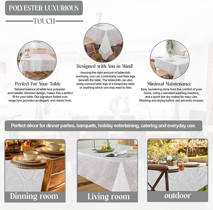 Majestic Giftware Polyester Tablecloths for Rectangle Tables - White Lace | (70/144) - TC1700 Elegance Design Dining Table Cover | Decorative Washable Tablecloth for Home, Kitchen, Dining - Image 4