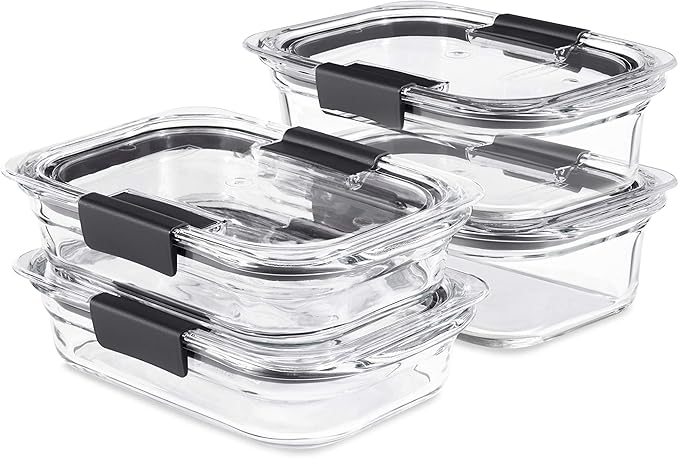 Rubbermaid Brilliance Glass Food Storage set of 4 containers 8 total pieces (4 containers + 4 lids) for Lunch Meal Prep and Leftovers Dishwasher and Oven Safe Clear/Grey by Unknown