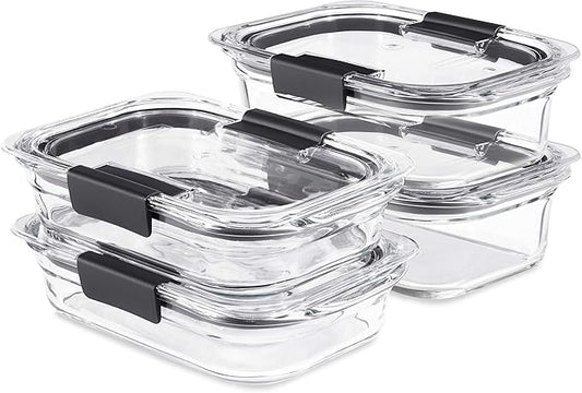 Rubbermaid Brilliance Glass Food Storage set of 4 containers 8 total pieces (4 containers + 4 lids) for Lunch Meal Prep and Leftovers Dishwasher and Oven Safe Clear/Grey by Unknown