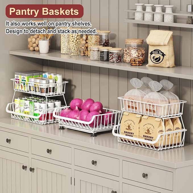 3-Tier Rolling Pantry Cart with Wheels, Stackable Wire Storage Floor Organizer for Kitchen Pantry Snack Shelves, Fruit Basket Stand, Vegetable Storage Rack for Food Snacks Onion Potato, White - Image 4
