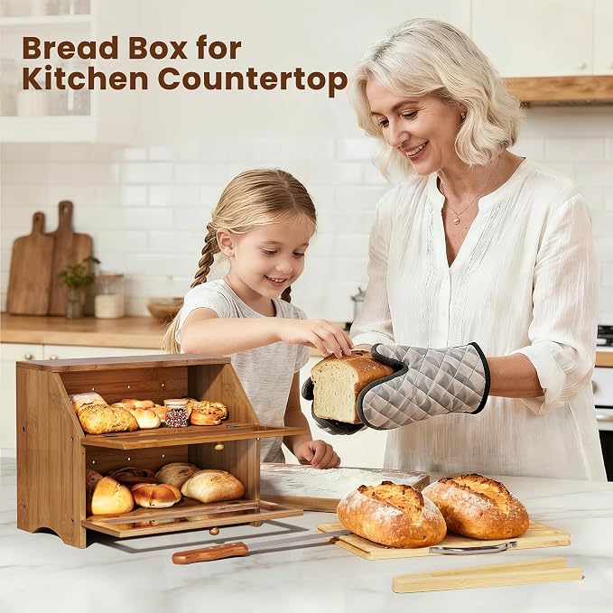MAISONPEX Double Layer Bamboo Bread Box for Kitchen Countertop, Large Capacity, Cutting Board, Stainless Steel Bread Knife, Double Layer Storage Container with Clear Windows, Walnut - Image 7