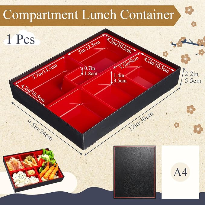 Teenyyou 1 Pcs One Layer Japanese Bento Box 12 x 9.5 x 2.2 Inch Divided Bento Box Adult Japanese Lunch Container with Greaseproof for Sushi Home Office Restaurant Gift - Image 2