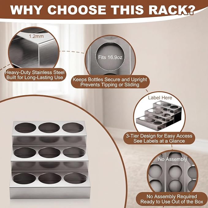 Novabright 3 Tier Coffee Syrup Rack Organizer, Stainless Steel Syrup Bottle Holder for Coffee Bar, 9 Bottle Commercial Rack for Cafe Countertop, Cafe Station Storage Organizer, 15.5" D x 12" W x 6" H - Image 5