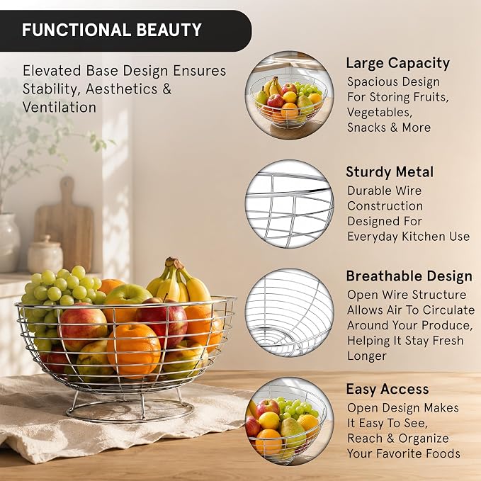 Metal Fruit Basket for Kitchen Counter, Chrome | Metal Fruit & Vegetable Storage Basket, Easy to Assemble, Kitchen Countertop Fruit Bowl - Image 4