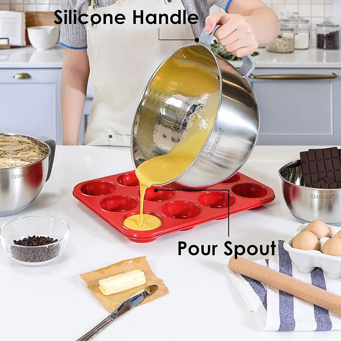 Stainless Steel Mixing Bowls Set with Lids,1.5,3 & 5 Qt,Gray | Non-Slip Silicone Base,Precision Pour Spout,Ergonomic Easy-Grip Handle,Measurement Marks,Airtight Lids,Cooking & Meal Prep - Image 3