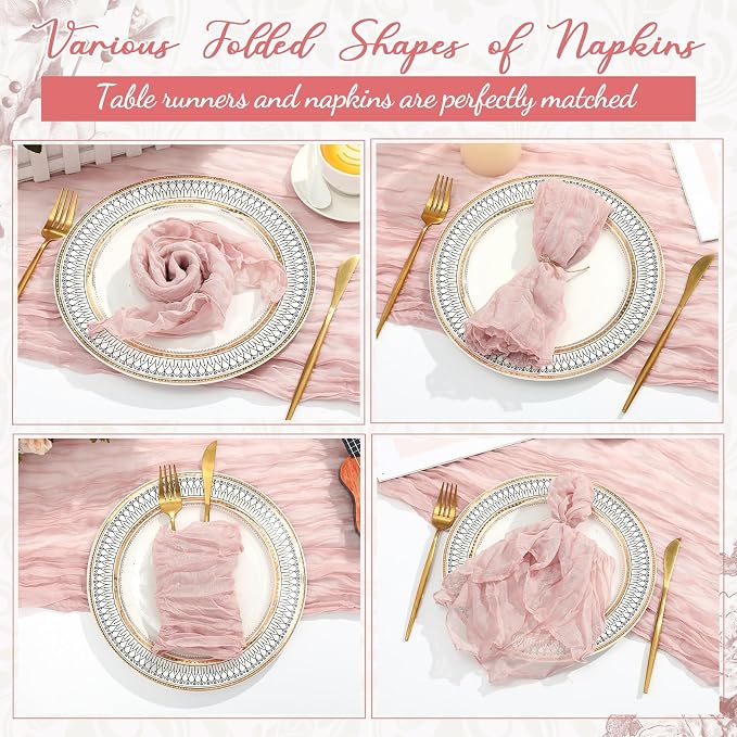 4 Cheesecloth Table Runners and 48 Napkins Set, 10Ft Boho Cheese Cloth Table Runners 20 x 20 Inch Rustic Wrinkled Gauze Napkins for Wedding Birthday Baby Shower Party Decor (Dusty Pink) - Image 4
