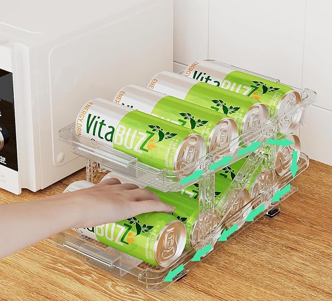 2-Pack Adjustable Can Dispenser for Refrigerator & Pantry - Expandable Width (6.23"-9.37") Gravity-Fed Organizer, Stackable Drink Holder Fits Standard/Tall Cans & Energy Drinks, BPA-Free (Clear-1) - Image 6