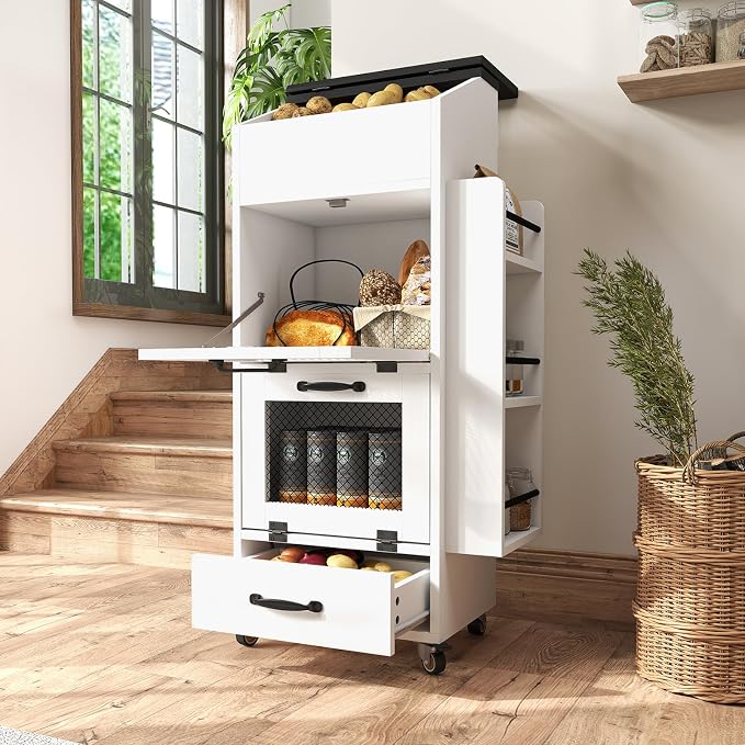 Verano Garden 16.0" Potato and Onion Storage Bin on Wheels, Bread Box | Fruit and Vegetable Organizer, Rolling, Side Rack, Flip-top, Mesh Doors, 4-Tier, Grocery Section, Ventilated, Wood, Kitchen by VeranoGarden