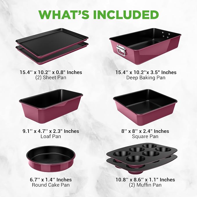 NutriChef 8-Piece Nonstick Stackable Bakeware Set - PFOA, PFOS, PTFE Free Baking Pan Set w/Non-Stick Coating, 450°F Oven Safe, Round Cake, Loaf, Muffin, Wide/Square Pans, Cookie Sheet (Plum) - Image 7