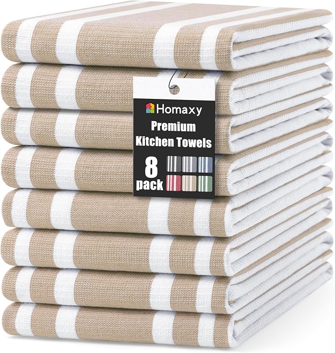 Homaxy Premium Cotton Stripe Kitchen Towels 8 Pack, 18"x 28", Khaki | Large 380 GSM Kitchen Hand Towels, Soft Terry Dish Towels, Highly Absorbent Tea Towel Set with Hanging Loop by Homaxy