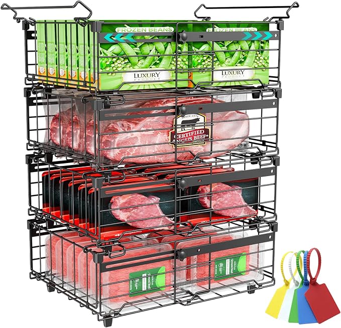 OPENICE Expandable Freezer Organizer Bins for Deep Freezer (4 PCS, Black) | Stackable Bins for Chest Freezer Organization | with 5 Tags for Efficient Classification | Fits 10 to 20 Cu.Ft Freezer by OPENICE